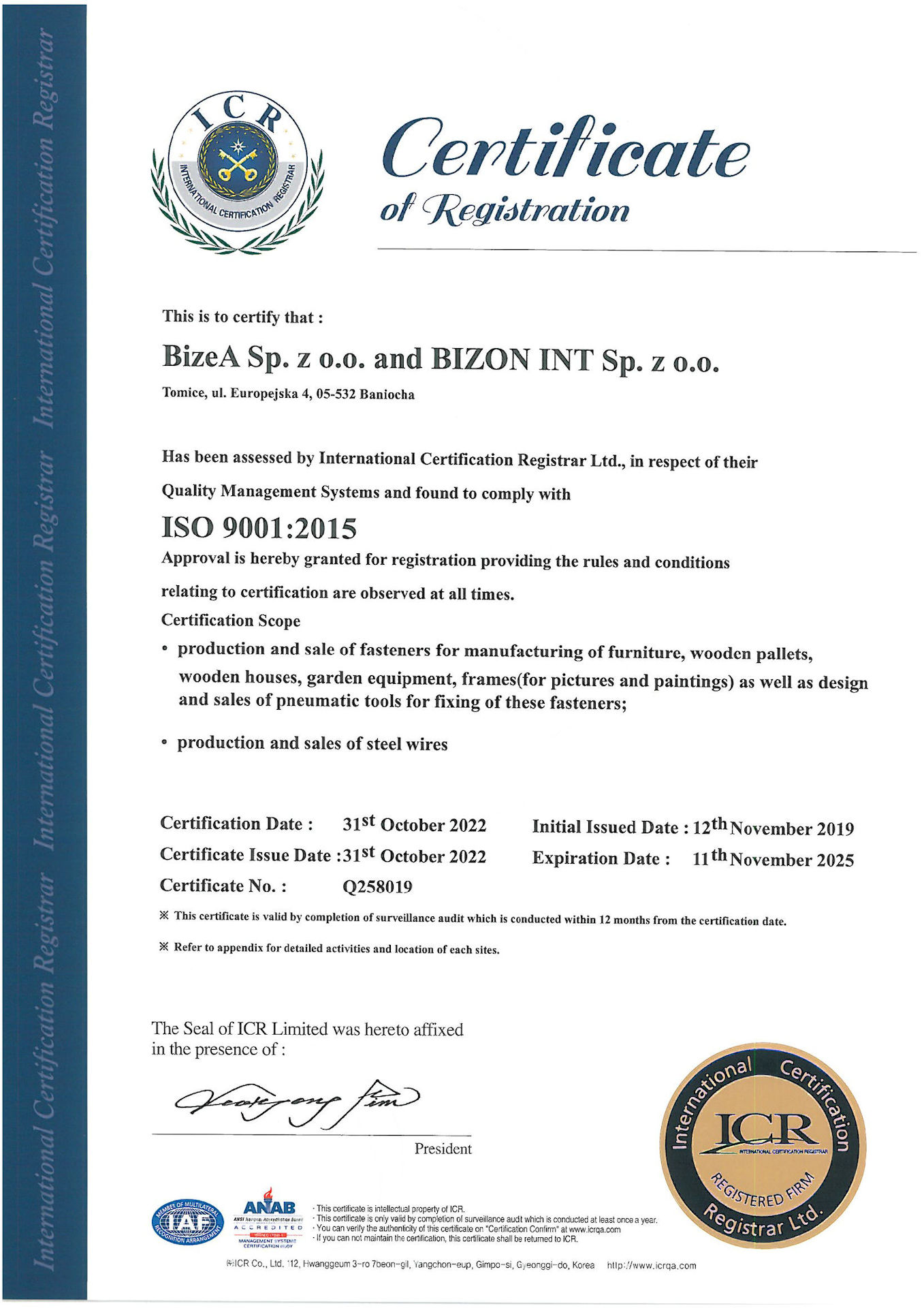 PN-EN ISO 9001: 2000 quality certificate